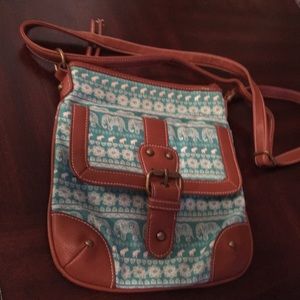 Elephant print blue bag with faux leather details